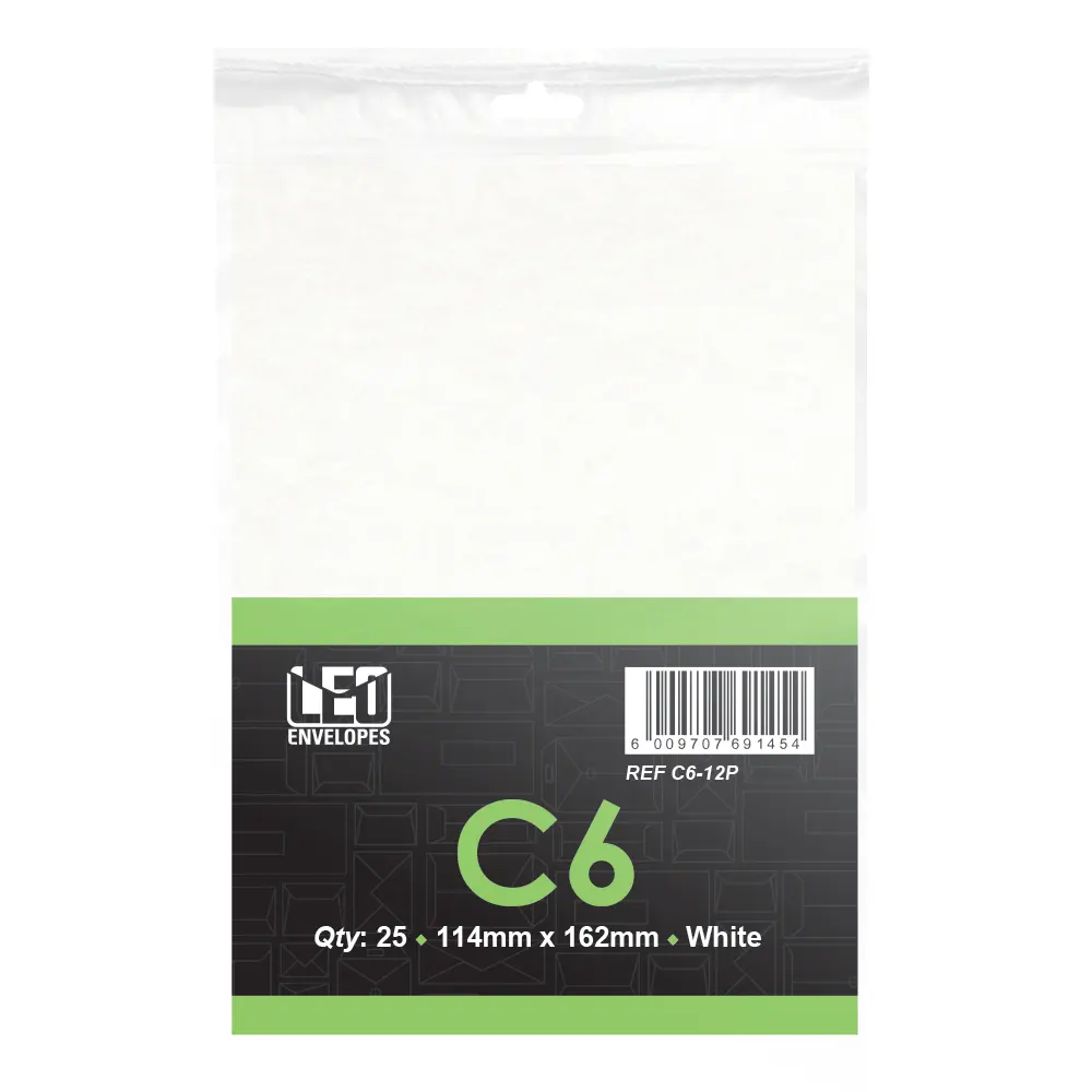 [6009707691454] Envelope C6-12P 114mm x 162mm White 25`s - Treeline
