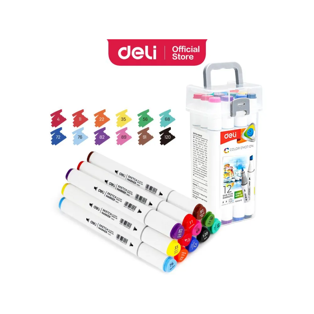 [6941798482002] Marker Sketch Dual Tip 12 Colors Alcohol Base - Deli