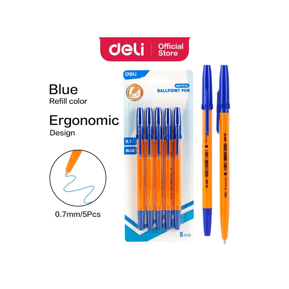 Pen Fine Point Set 5`s Blue Yellow Barrel 0.7 - Deli 